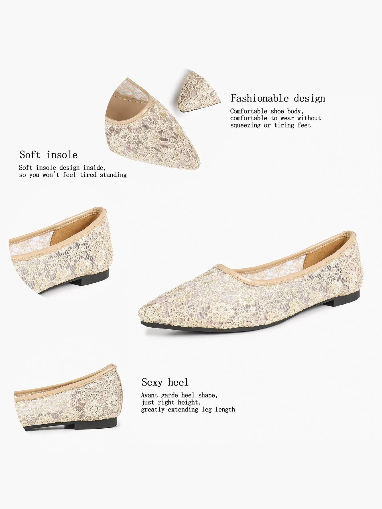White Daisy Lace Sheer Mesh Pointed Toe Flats – Women's See-Through Bridal Ballet Flat with Caramel Footbed YISHIFAN