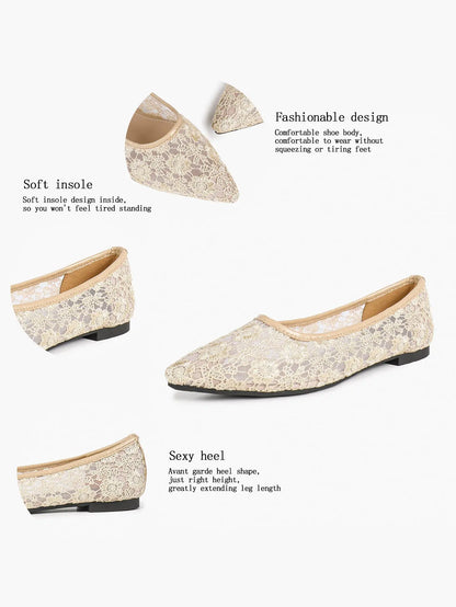 White Daisy Lace Sheer Mesh Pointed Toe Flats – Women's See-Through Bridal Ballet Flat with Caramel Footbed YISHIFAN