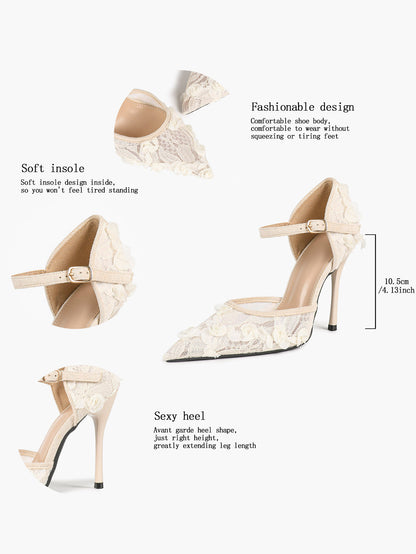 Chic White 3D Lace Stiletto Pumps - Pointed Toe Ankle Strap Heels with Floral Appliqué