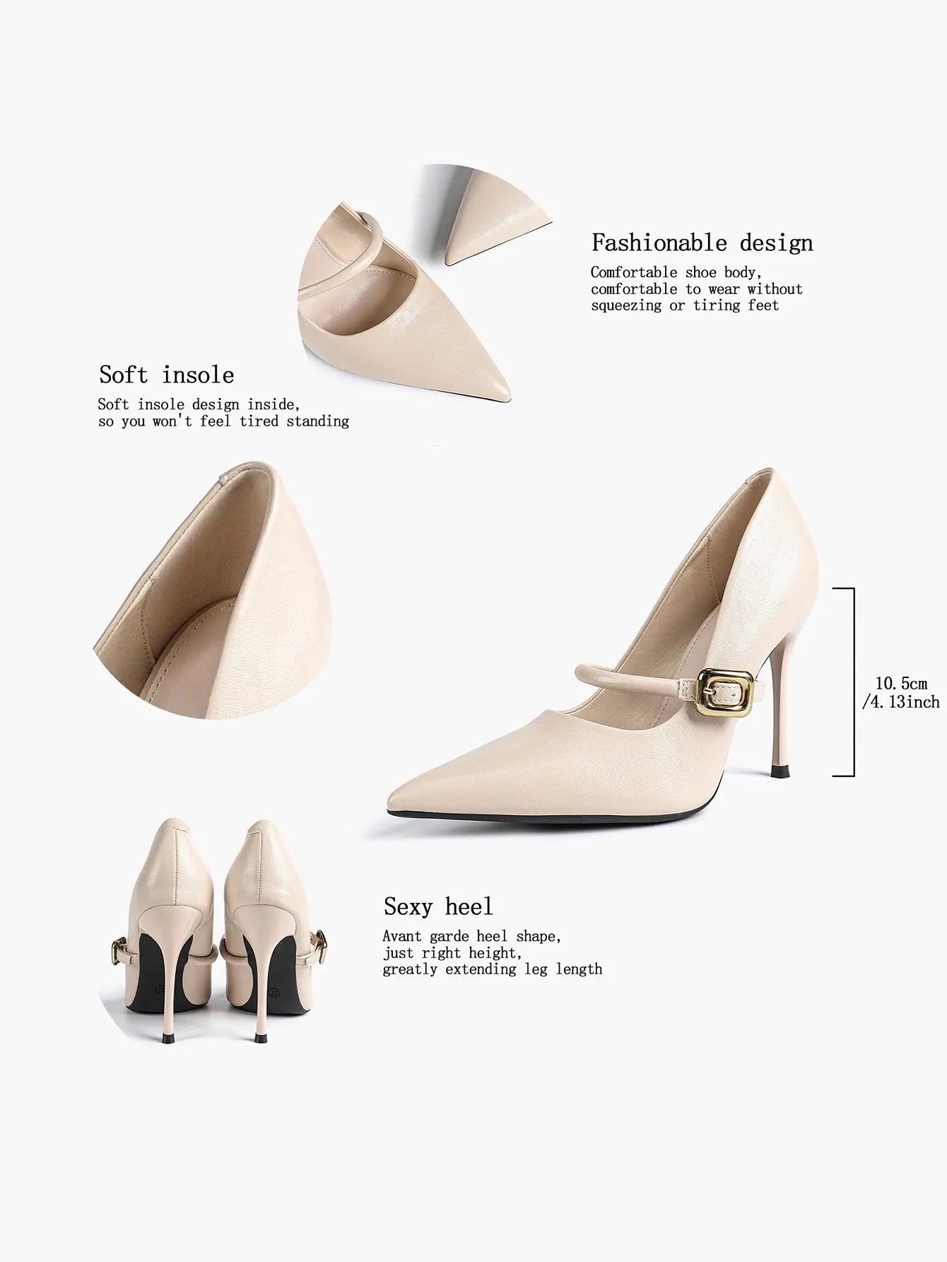 Women's Leather Stiletto Heels 4.13 Inch Pointed Toe Strap Pumps Shoes with Buckle for Casual Office YISHIFAN