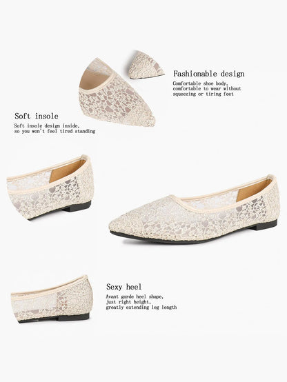 White Floral Lace Mesh Pointed Toe Flats – Women's Sheer Ballet Flat with 3D Bouquet Lace & Caramel Footbed YISHIFAN