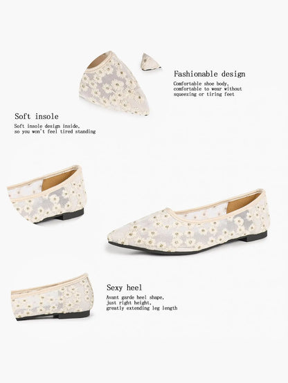 Black Floral Lace & Gold Star Embroidery Mesh Pointed Toe Flats – Women's Night-Sky Ballet Flat YISHIFAN
