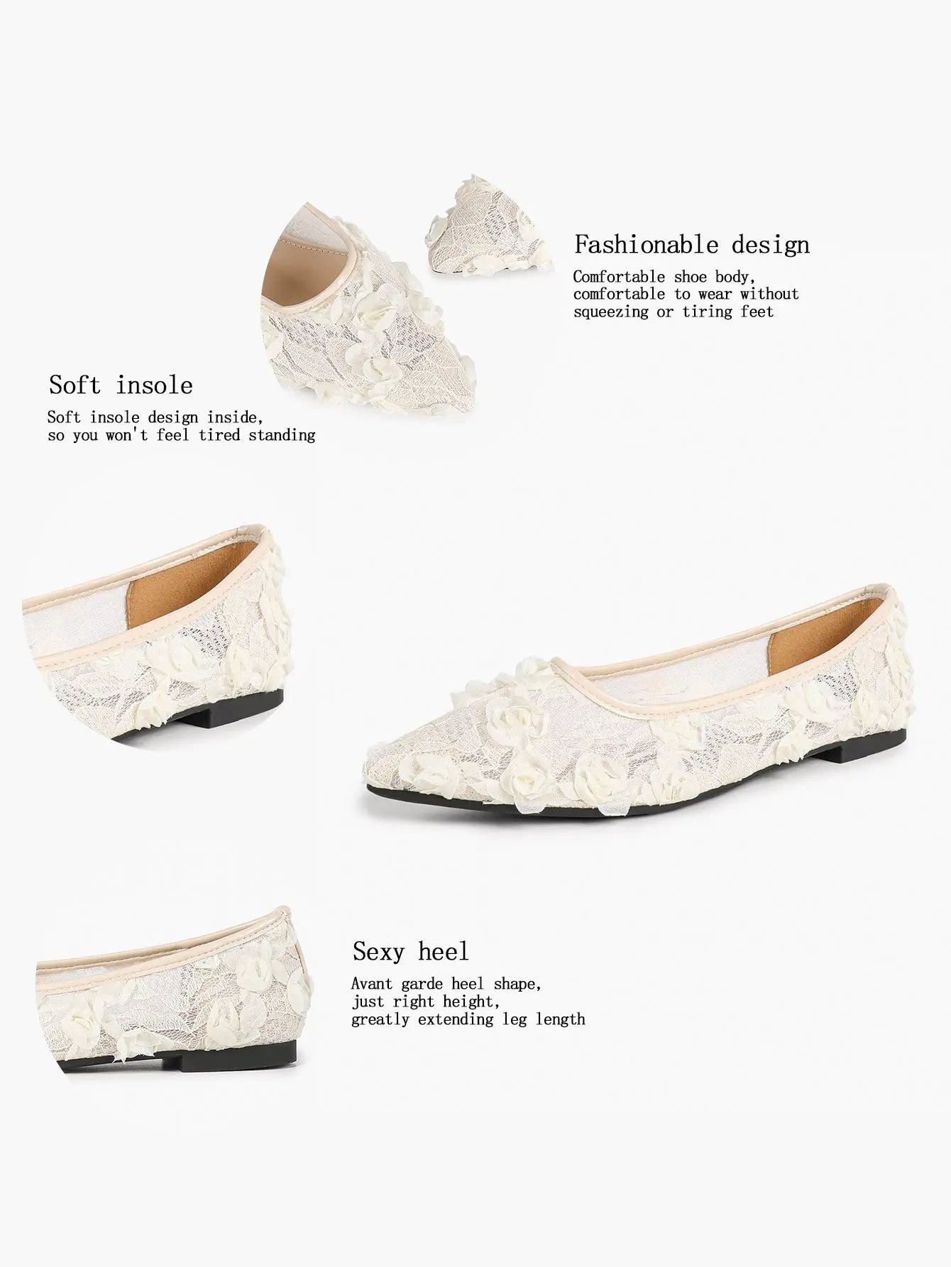 Pink 3D Rose Appliqué Lace Mesh Pointed Toe Flats – Women's Handcrafted Floral Ballet Flat YISHIFAN