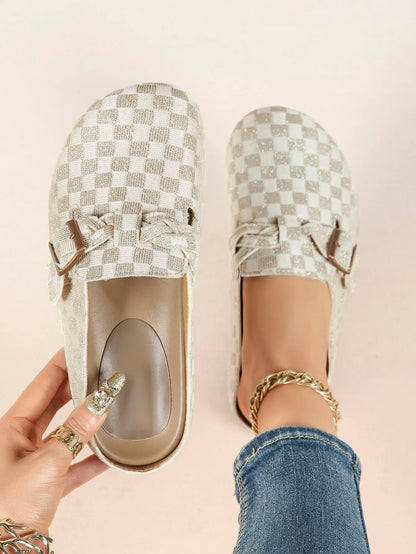 Ivory Checkerboard Jacquard Ruched Buckle Boston Clogs – Women's Platform Closed Toe Mule YISHIFAN