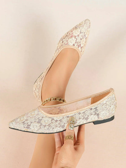 White Daisy Lace Sheer Mesh Pointed Toe Flats – Women's See-Through Bridal Ballet Flat with Caramel Footbed YISHIFAN