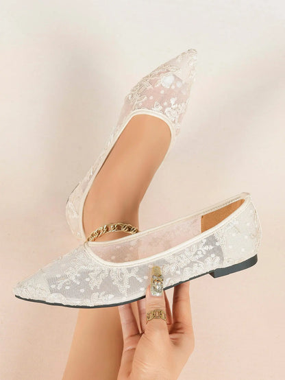 Black Lace Mesh Pointed Toe Flats Sheer Ballet Floral Embroidery YISHIFAN
