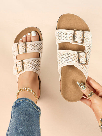 Cream Woven Double-Strap Slide Sandals with Cushioned Cork-Effect Sole