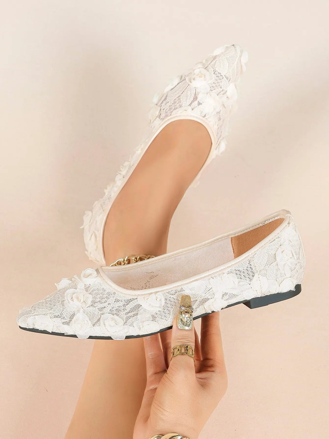 Pink 3D Rose Appliqué Lace Mesh Pointed Toe Flats – Women's Handcrafted Floral Ballet Flat YISHIFAN