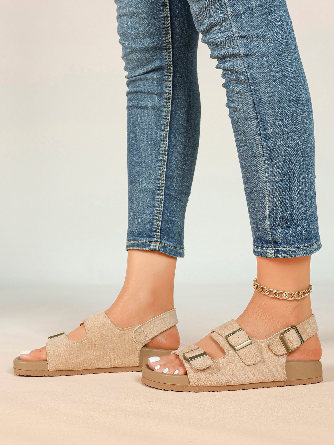 Beige Suede-Effect Triple-Buckle Slingback Sandals with Cushioned Sole