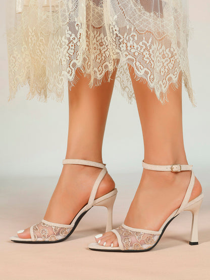Cream Suede Trim Floral Sequin Strap Heels Ankle Buckle Pointed Open Toe Stilettos Chic Date Night Shoes