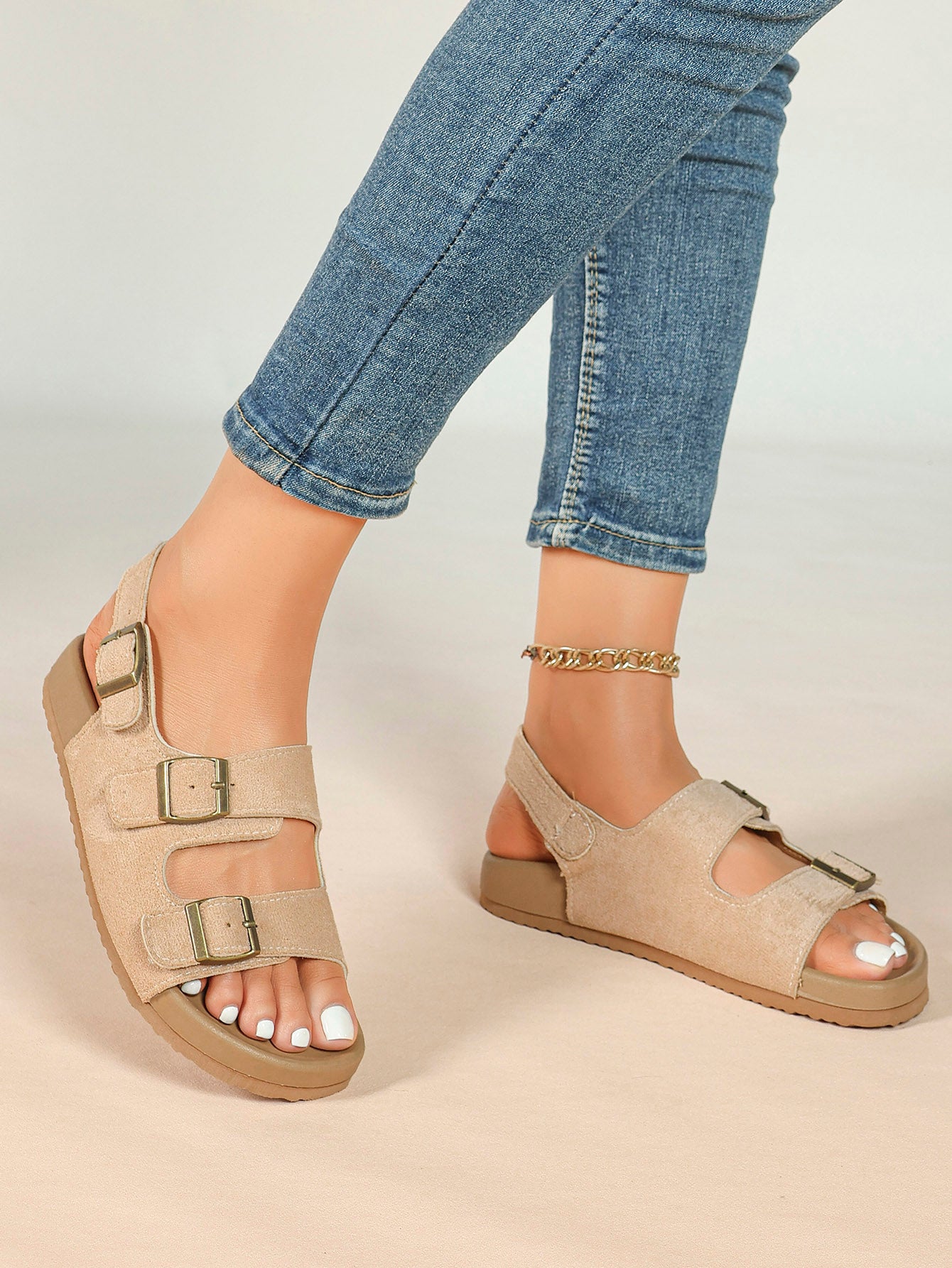 Beige Suede-Effect Triple-Buckle Slingback Sandals with Cushioned Sole