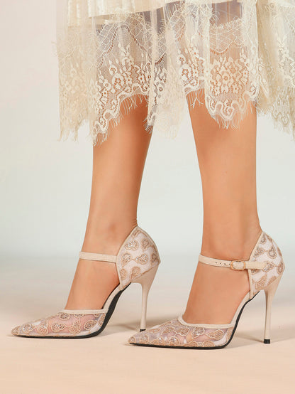 Sparkly Lace Pointed Toe Heels - 4.13" Ankle Strap Pumps with Non-Slip Sole