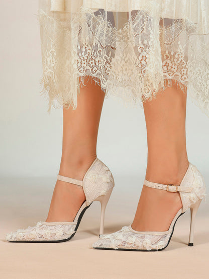 Chic White 3D Lace Stiletto Pumps - Pointed Toe Ankle Strap Heels with Floral Appliqué