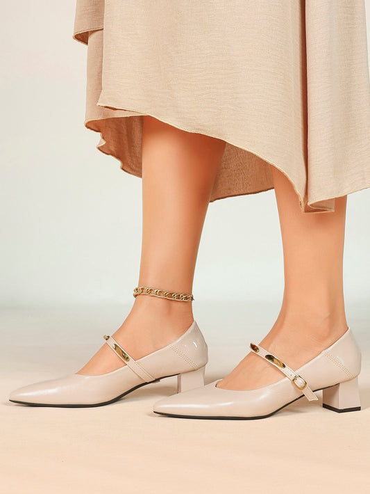 Cream Pointed-Toe Mary Jane Kitten Heels with Gold-Tone Metal Accents