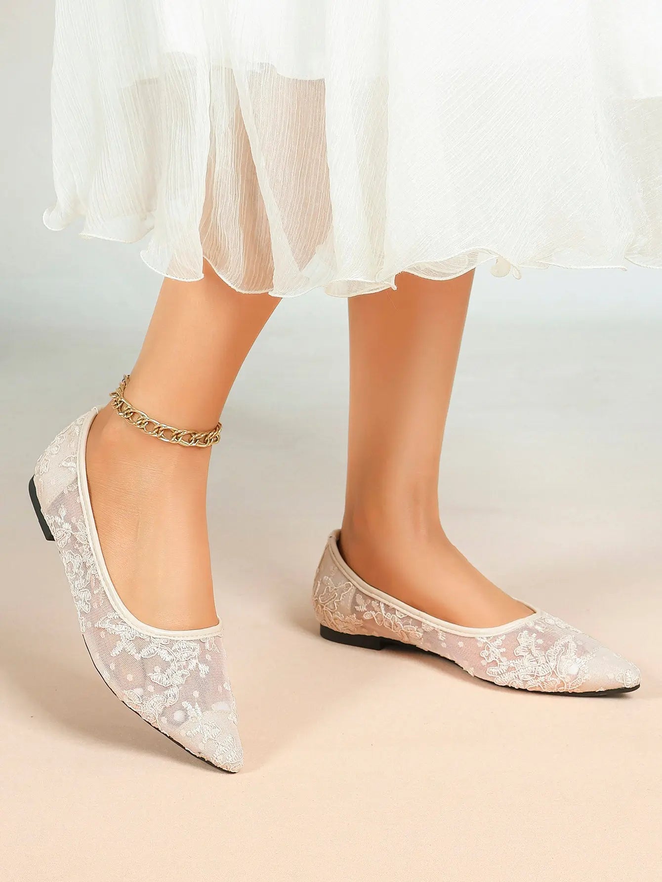 Black Lace Mesh Pointed Toe Flats Sheer Ballet Floral Embroidery YISHIFAN