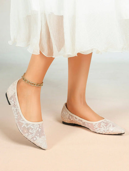Black Lace Mesh Pointed Toe Flats Sheer Ballet Floral Embroidery YISHIFAN