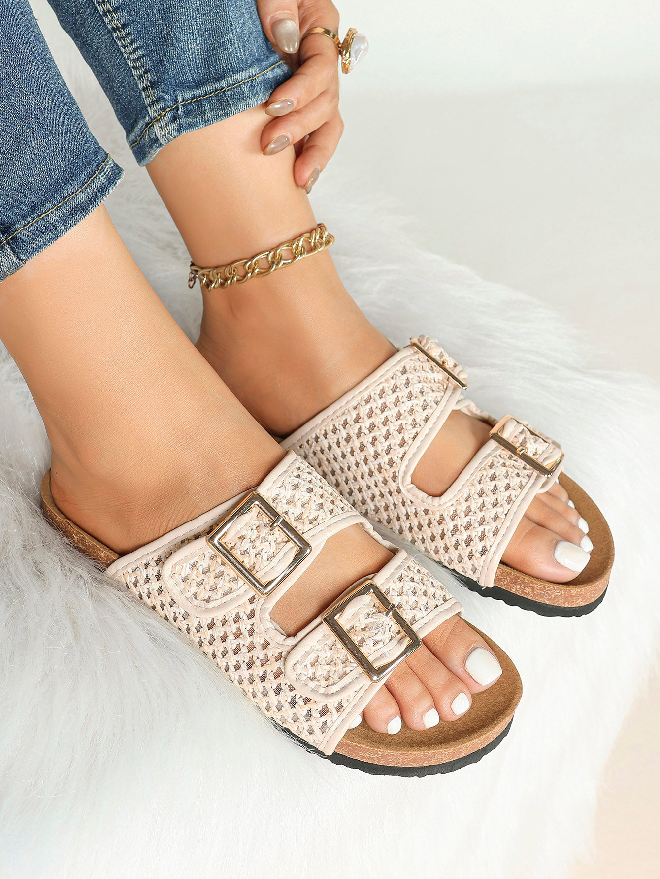 Cream Woven Double-Strap Slide Sandals with Cushioned Cork-Effect Sole