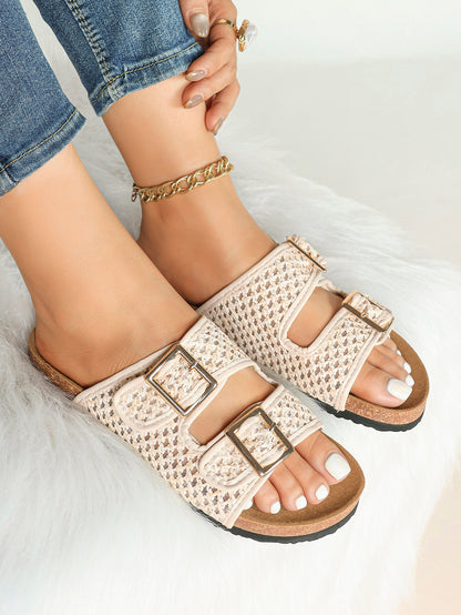 Cream Woven Double-Strap Slide Sandals with Cushioned Cork-Effect Sole