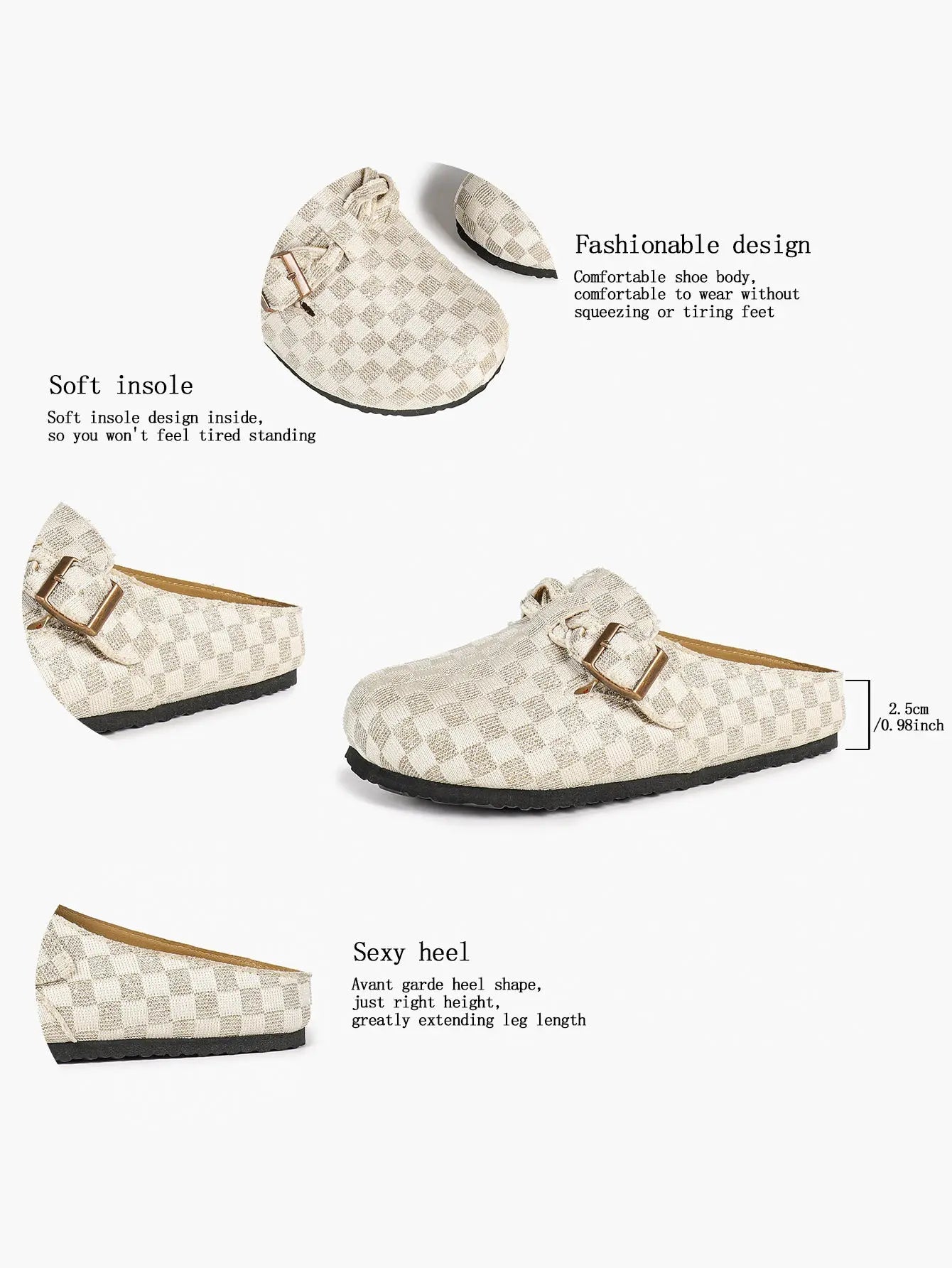 Ivory Checkerboard Jacquard Ruched Buckle Boston Clogs – Women's Platform Closed Toe Mule YISHIFAN