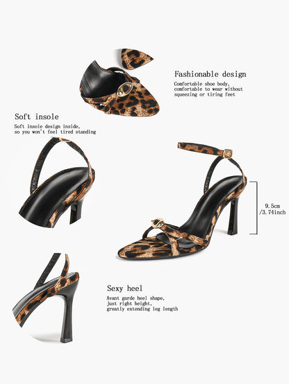 Leopard Pattern Pointed Toe Heeled Sandals Black Stiletto Heel Ankle Buckle Slingback Fashion Streetwear