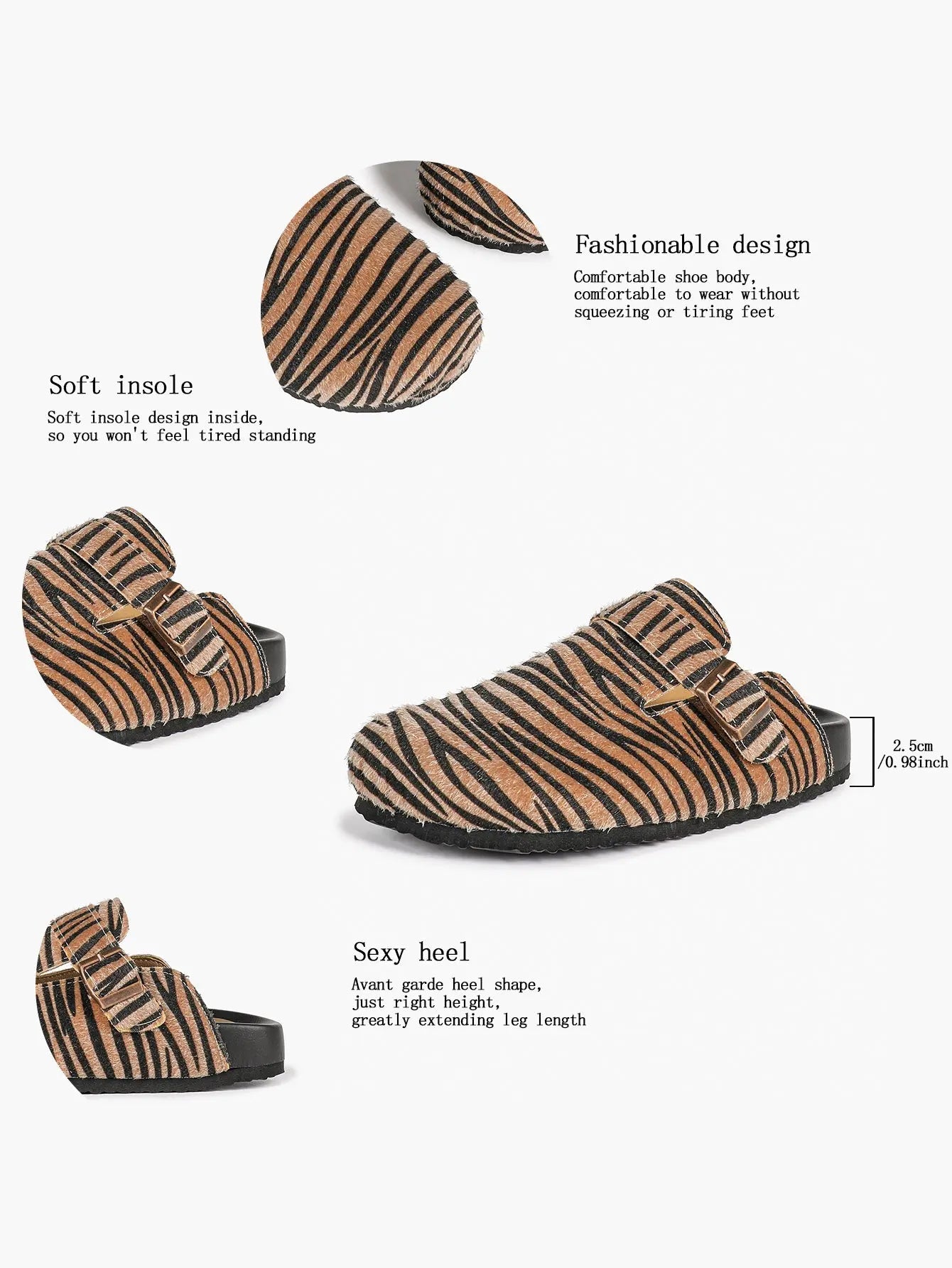 Leopard Print Faux Pony Hair Boston Clogs – Women's Closed Toe Buckle Mule with Soft Footbed YISHIFAN