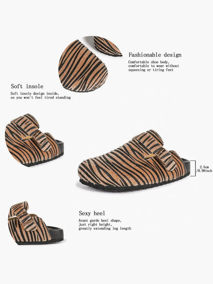 Leopard Print Faux Pony Hair Boston Clogs – Women's Closed Toe Buckle Mule with Soft Footbed YISHIFAN