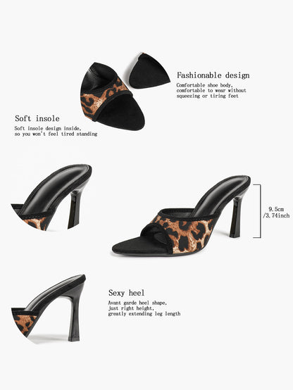 Leopard Print Suede Trim Mules Pointed Open Toe Stiletto Heels Backless Slip-On Fashion Streetwear