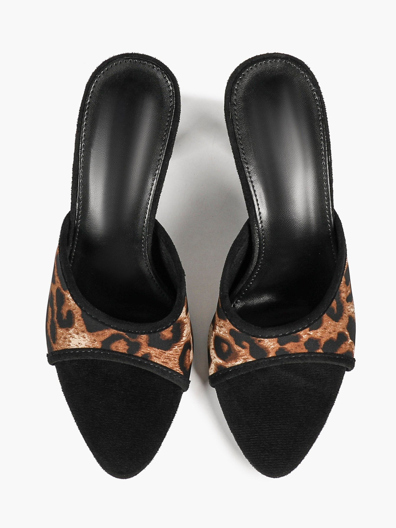 Leopard Print Suede Trim Mules Pointed Open Toe Stiletto Heels Backless Slip-On Fashion Streetwear