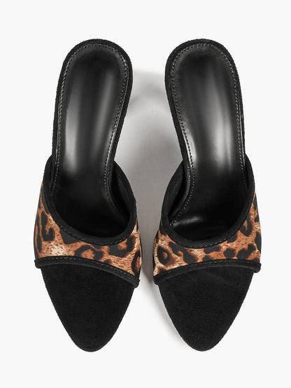 Leopard Print Suede Trim Mules Pointed Open Toe Stiletto Heels Backless Slip-On Fashion Streetwear