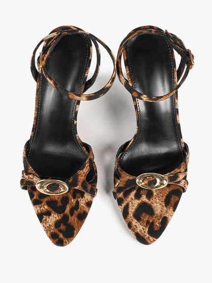 Leopard Pattern Pointed Toe Heeled Sandals Black Stiletto Heel Ankle Buckle Slingback Fashion Streetwear