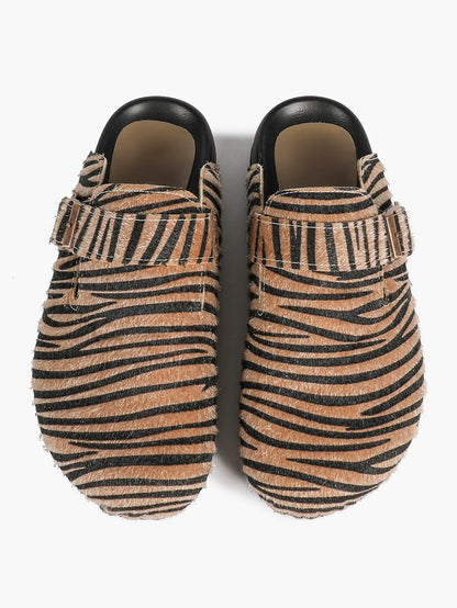 Leopard Print Faux Pony Hair Boston Clogs – Women's Closed Toe Buckle Mule with Soft Footbed YISHIFAN