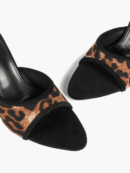 Leopard Print Suede Trim Mules Pointed Open Toe Stiletto Heels Backless Slip-On Fashion Streetwear