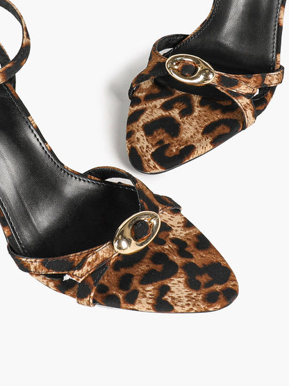Leopard Pattern Pointed Toe Heeled Sandals Black Stiletto Heel Ankle Buckle Slingback Fashion Streetwear
