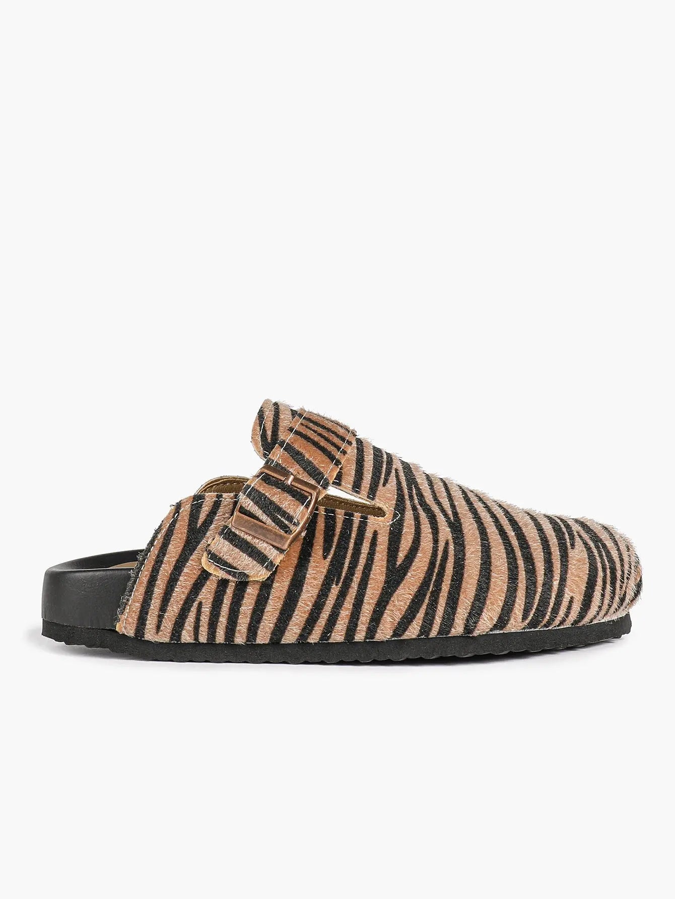 Leopard Print Faux Pony Hair Boston Clogs – Women's Closed Toe Buckle Mule with Soft Footbed YISHIFAN