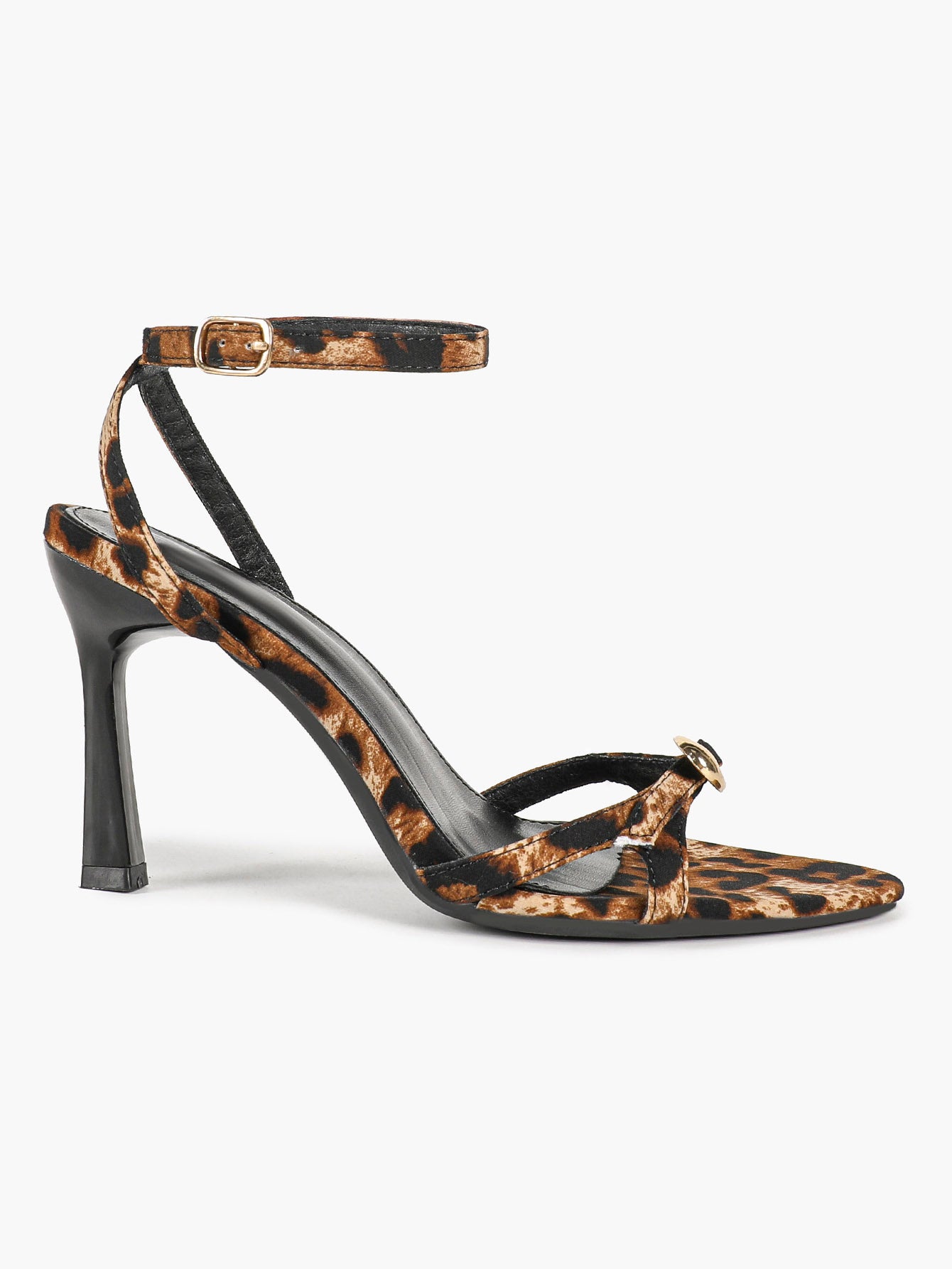 Leopard Pattern Pointed Toe Heeled Sandals Black Stiletto Heel Ankle Buckle Slingback Fashion Streetwear