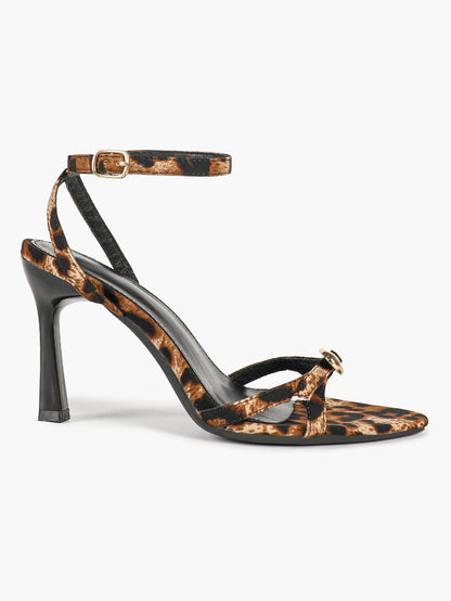 Leopard Pattern Pointed Toe Heeled Sandals Black Stiletto Heel Ankle Buckle Slingback Fashion Streetwear