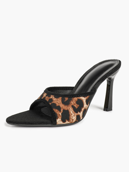 Leopard Print Suede Trim Mules Pointed Open Toe Stiletto Heels Backless Slip-On Fashion Streetwear