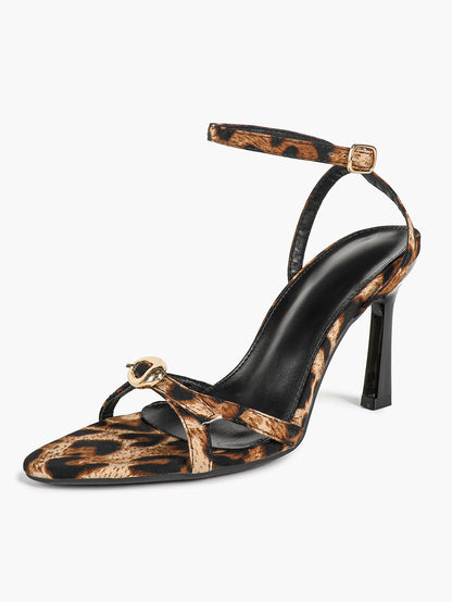 Leopard Pattern Pointed Toe Heeled Sandals Black Stiletto Heel Ankle Buckle Slingback Fashion Streetwear