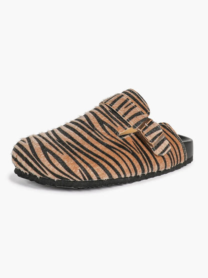 Leopard Print Faux Pony Hair Boston Clogs – Women's Closed Toe Buckle Mule with Soft Footbed YISHIFAN
