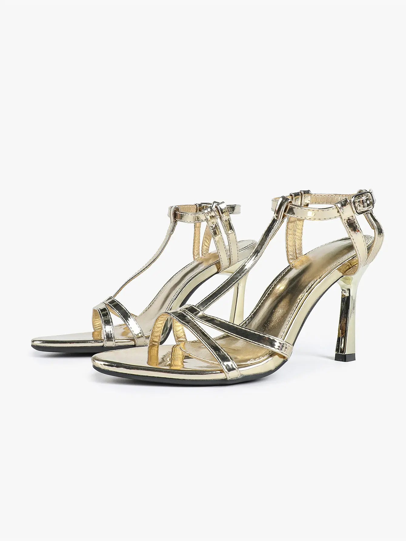 Women's Metallic Gold T-Strap Multi-Strap Stiletto Sandals Stiletto Heel for Party Office Shoes YISHIFAN