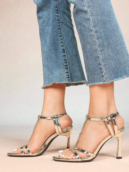 Women's Metallic Gold T-Strap Multi-Strap Stiletto Sandals Stiletto Heel for Party Office Shoes YISHIFAN