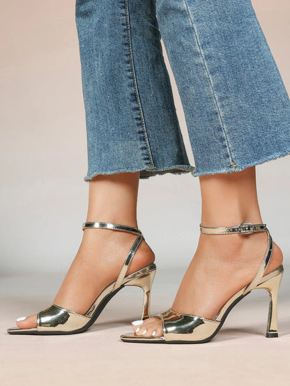 Women's Metallic Gloss Opened Pointed Toe Ankle Strap Stiletto Sandals Avant-Garde Heel for Party Casual YISHIFAN