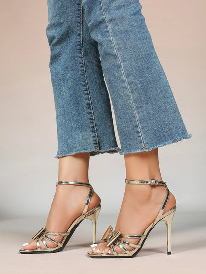 Women's Metallic Silver Open Toe Square Stiletto Sandals Galaxy Bowknot with Ankle Strap for Any Formal Scene YISHIFAN