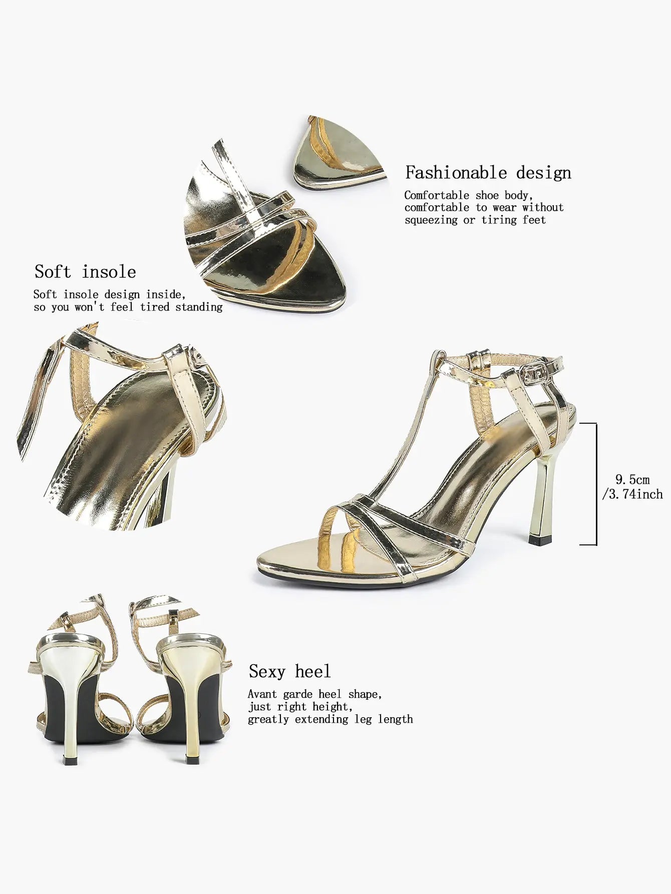 Women's Metallic Gold T-Strap Multi-Strap Stiletto Sandals Stiletto Heel for Party Office Shoes YISHIFAN