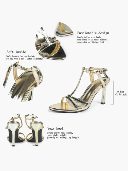 Women's Metallic Gold T-Strap Multi-Strap Stiletto Sandals Stiletto Heel for Party Office Shoes YISHIFAN