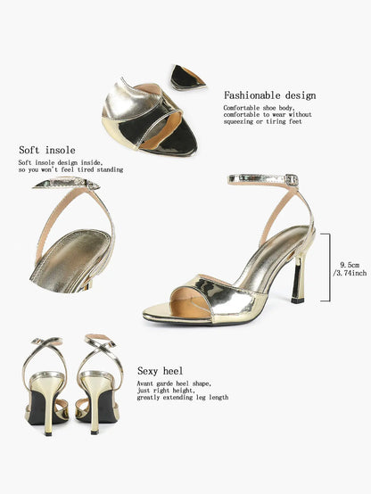 Women's Metallic Gloss Opened Pointed Toe Ankle Strap Stiletto Sandals Avant-Garde Heel for Party Casual YISHIFAN