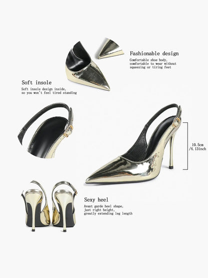 Women's Metallic Slingback Stiletto Pointed Toe with 4.13 Inch heel for Wedding Party Shoes YISHIFAN