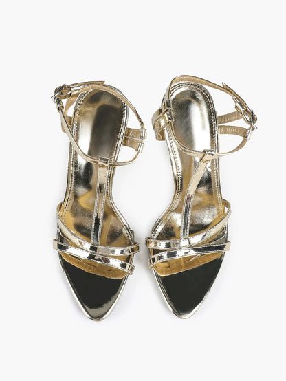 Women's Metallic Gold T-Strap Multi-Strap Stiletto Sandals Stiletto Heel for Party Office Shoes YISHIFAN