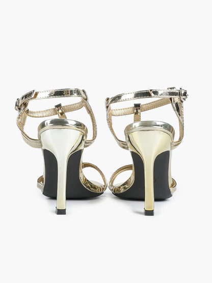 Women's Metallic Gold T-Strap Multi-Strap Stiletto Sandals Stiletto Heel for Party Office Shoes YISHIFAN