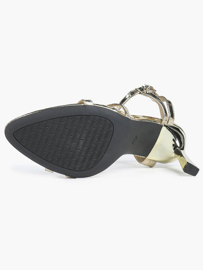 Women's Metallic Gold T-Strap Multi-Strap Stiletto Sandals Stiletto Heel for Party Office Shoes YISHIFAN
